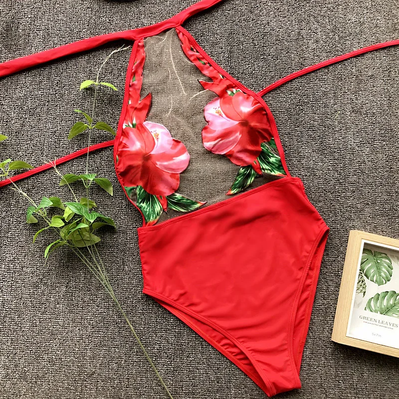 

Sexy Transparent One Piece Swimsuit Female Mesh High Waist 2019 Brazilian Bathing Suits Print Push Up Swimwear Women Bathers