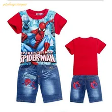Коллекция года, розничная, комплекты детской одежды с человеком-пауком модная детская летняя рубашка с героями мультфильмов комплект с джинсовыми шортами одежда для маленьких мальчиков