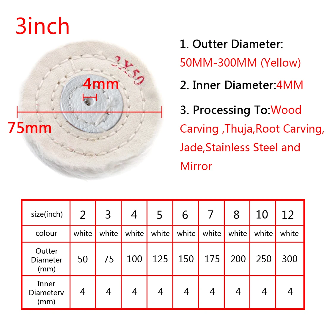 1pc 50mm-300mm Cotton Lint Cloth Buffing Wheel Gold Silver Jewelry Mirror Polishing Wheel 4mm Inner Hole 50 Layers 1pc 50mm-300mm Cotton Lint Cloth Buffing Wheel Gold Silver Jewelry Mirror Polishing Wheel 4mm Inner Hole 50 Layers