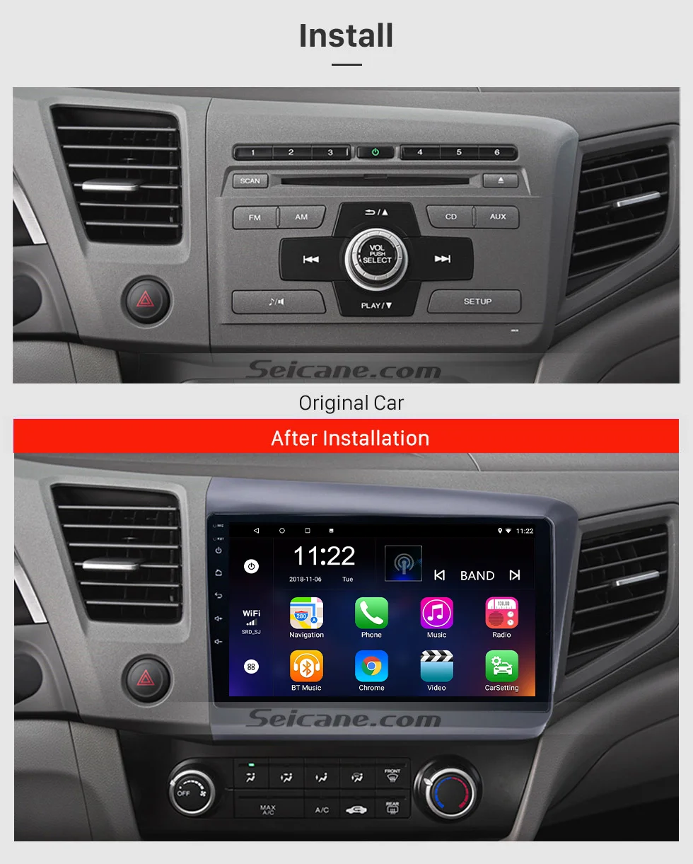 Sale Seicane 10.1" Android 8.1 GPS Car radio for 2012 Honda Civic with CD DVD Player Bluetooth  3G  HD Multi-touch Capacitive Screen 2