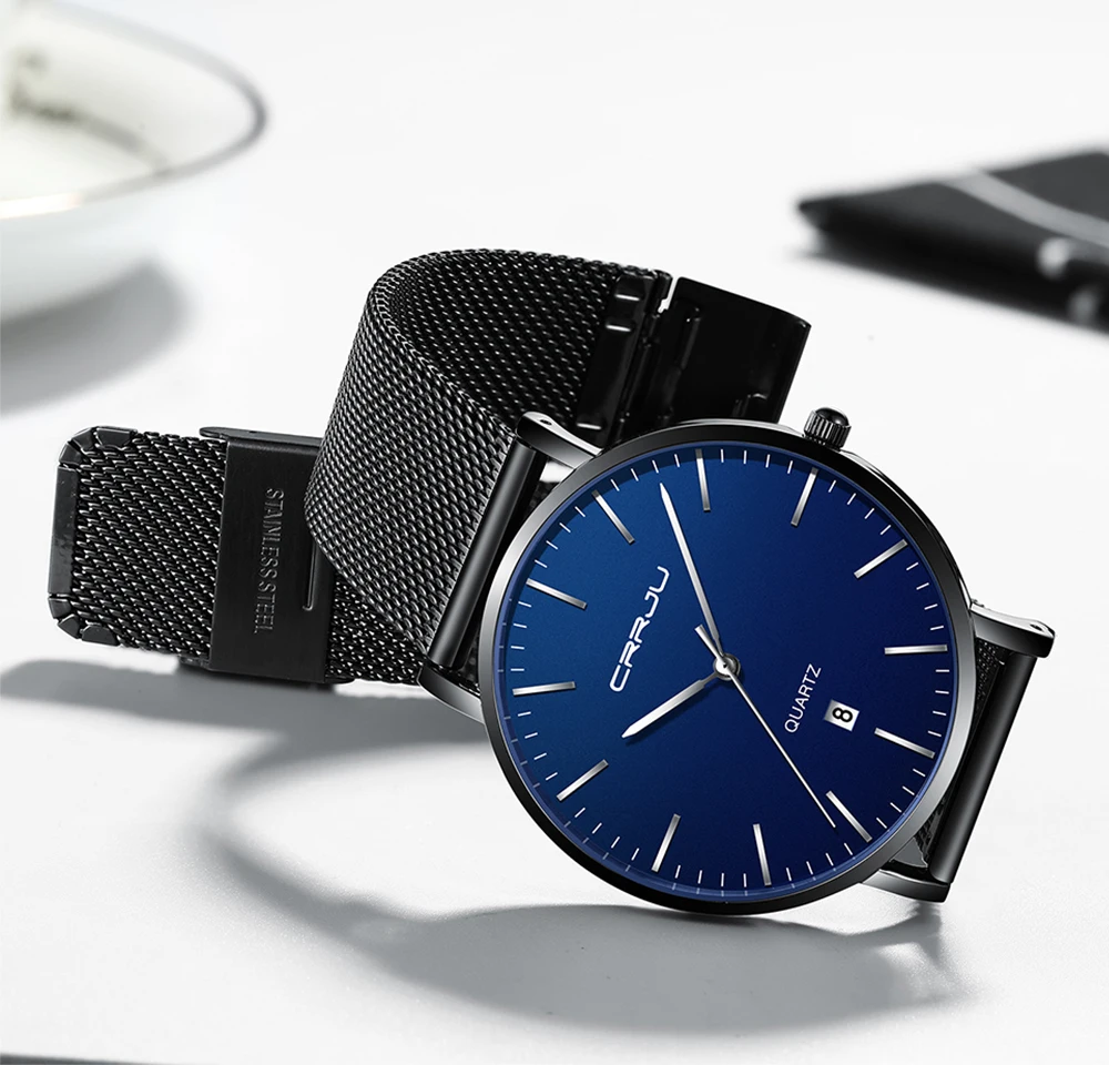 Подарок унисекс часы CRRJU для мужчин s синий циферблат сетки часы ультра тонкий повседневное кварцевые часы для мужчин Спорт Дата Часы Relogio Masculino