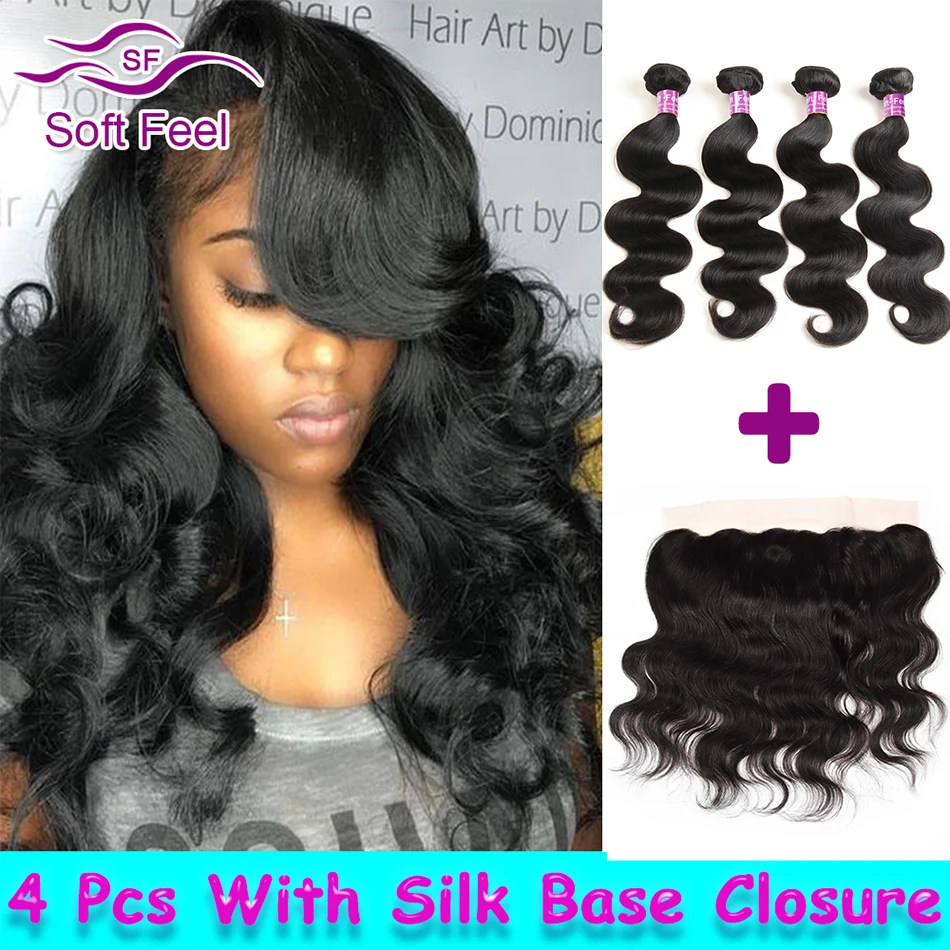 

7A Virgin Brazilian Body Wave With Frontal Closure Bundle Ear To Ear Lace Frontal Closure With 4 Bundles With Silk Based Closure