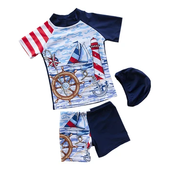 

GI FOREVER Boy Sailing Boat Print Two Pieces Suit With Cap Children Short Sleeve Swimsuit 2018 Kid Bathing Suit Maillot De Bai