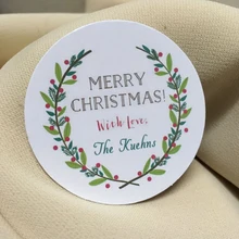 Рождественские наклейки круглые, венок с листьями и ягодами, Подарочные наклейки, персонализированные Праздничные наклейки или бирки, Заказные ярлыки, l