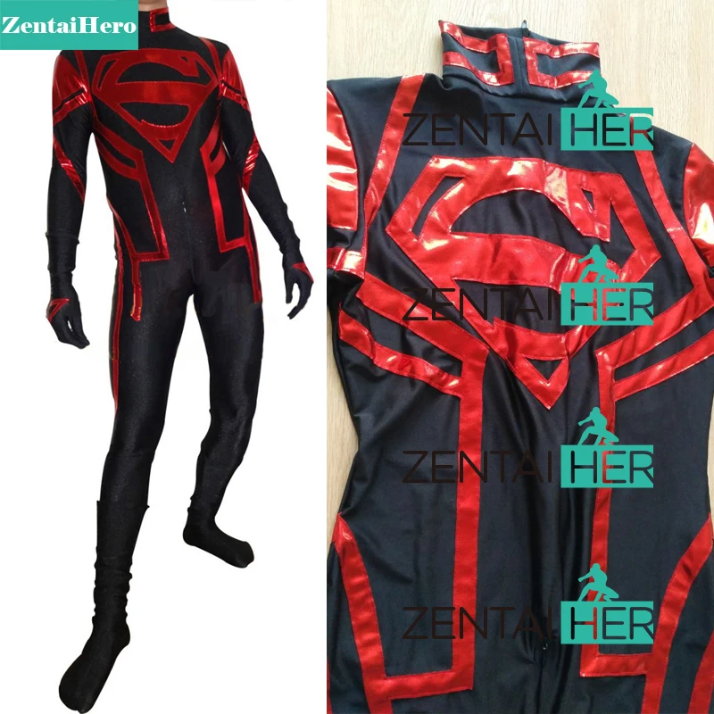 Free Shipping DHL Adult Black Lycra Red Shiny DC Comics Superman Superhero Costume Halloween Party