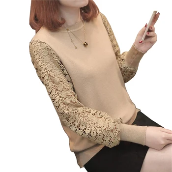 

New Spring Autumn Women Winter Lace Pullovers Sweater Lantern Sleeves Knitted Sweater Women Sexy Slim Sweater LJ0671