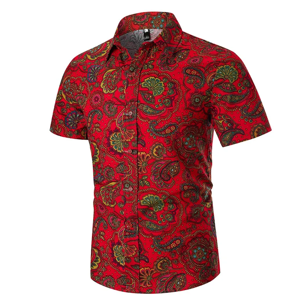 

Plus Size 2019 Summer Shirt Men Streetwear Short Sleeve Turn Down Collar Floral Printed Red Mens Shirts Casual Slim Fit Camisa