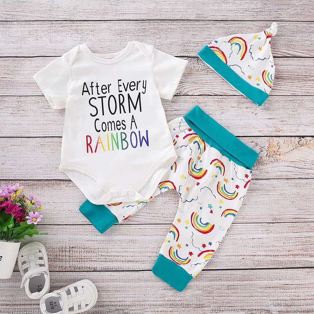 

Infant Baby Girls Boys Letter Print Romper Jumpsuit+Rainbow Pants+Hat Outfits kids clothes toddler clothes kids clothing summer