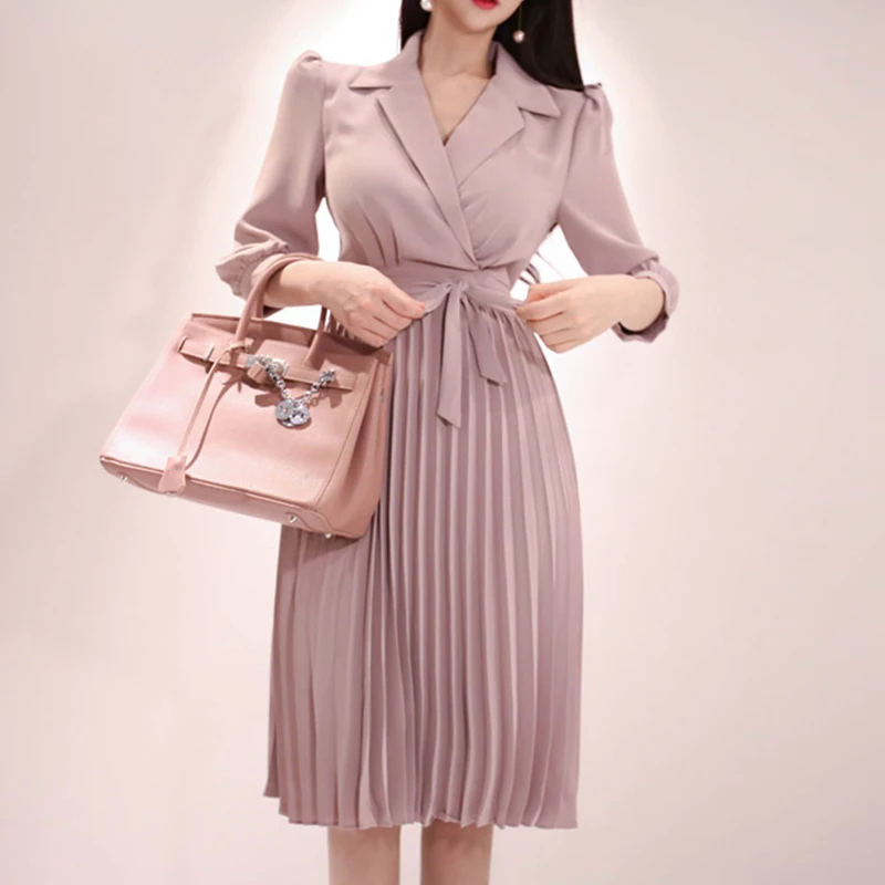 

CBAFU korea style office lady pleated dresses slim bow notched wear work business long party dress solid female vestidos D715