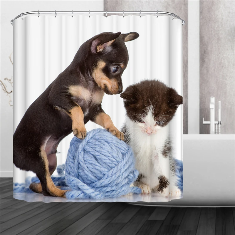 Günstige Urlaub Welpen Katze Goldfisch Katze Hund Wasserdicht Mildewproof Polyester Duschvorhang Bad Dekorationen mit 12 stücke Haken
