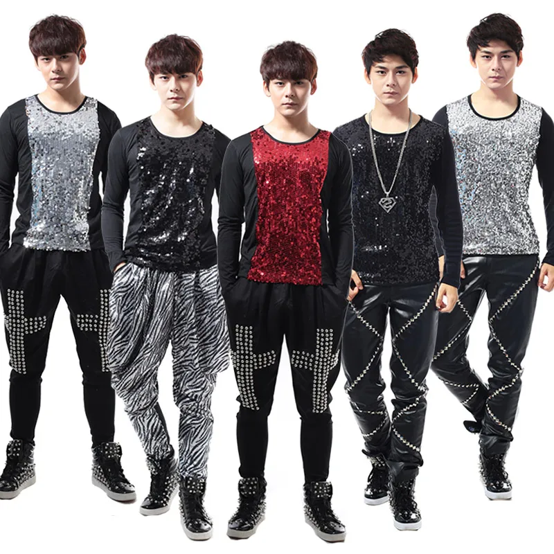 

New Fashion Men Jazz Dance Costumes Hip Hop Dancing Clothes Sequins Tops Clothing Man Stage Club Performance Long Sleeve DWY494