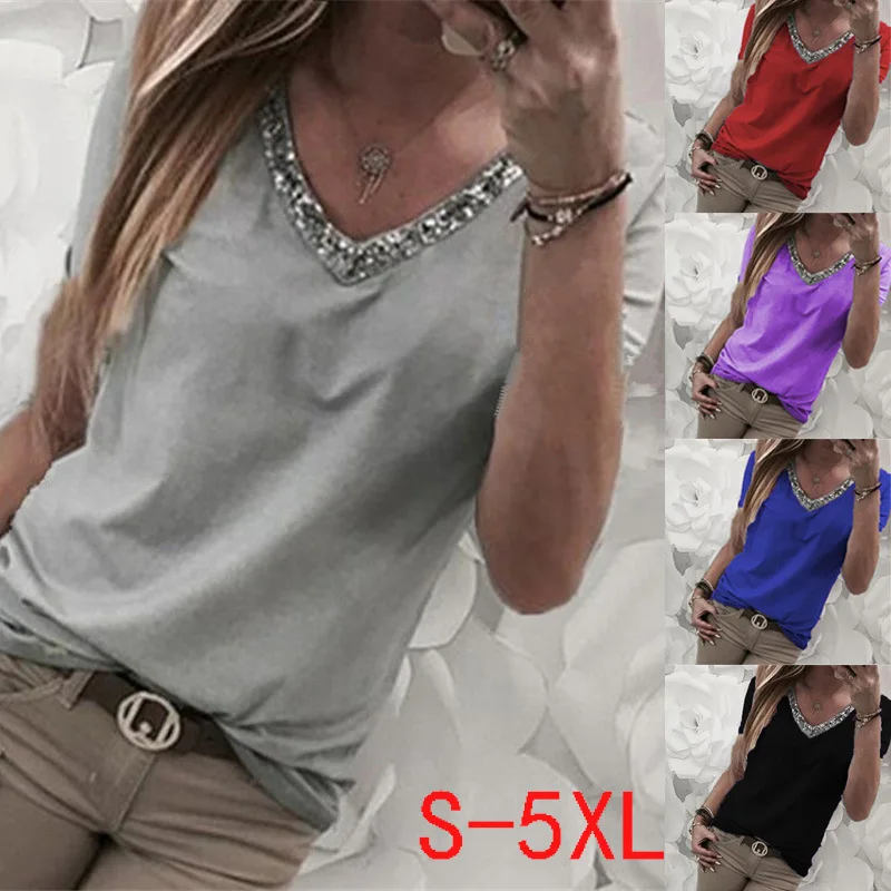 

Summer Blouse Women Shirts Short Sleeve Sequined V-neck Tops And Blouses