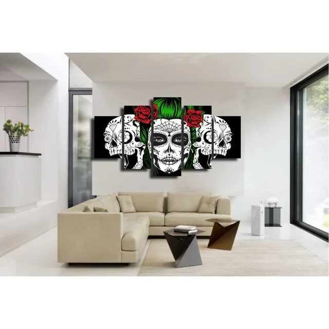 Black Background White Red Rose Skull Canvas Wall Art Print Home Black Background White Red Rose Skull Canvas Wall Art Print Home Decor For Living Room Modern Pictures 5 Panel Large Poster Hd