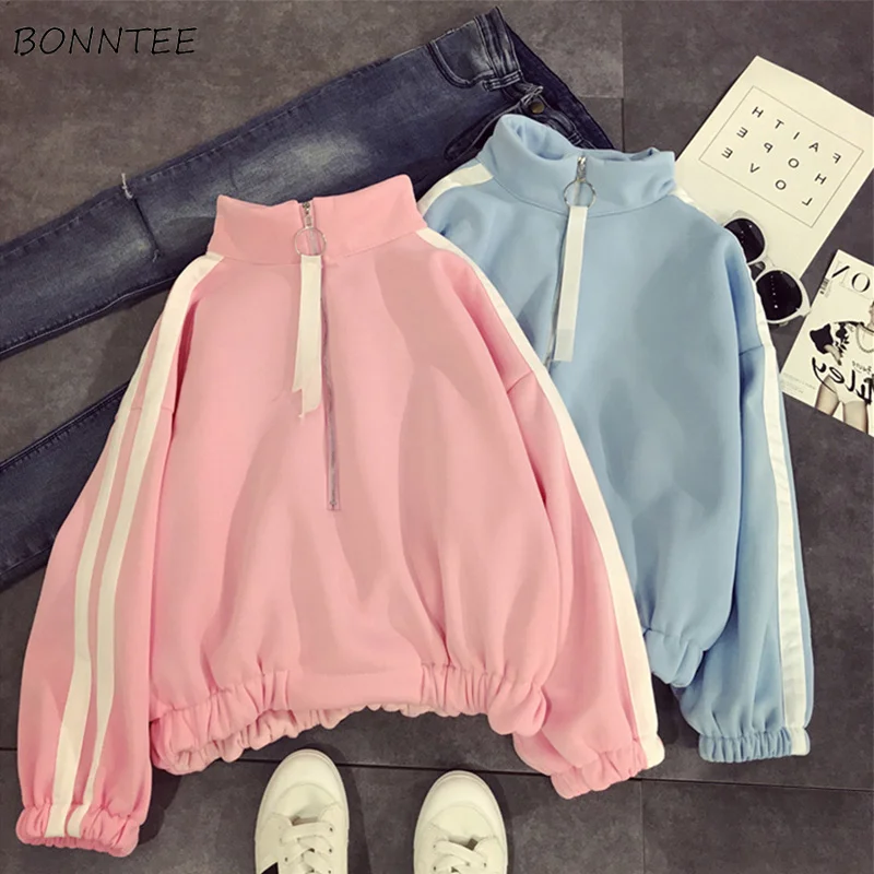 

Hoodies Women Harajuku Candy Color Kawaii Sports Zipper Striped Korean Style Simple All-match Leisure Soft Sweatshirts Womens