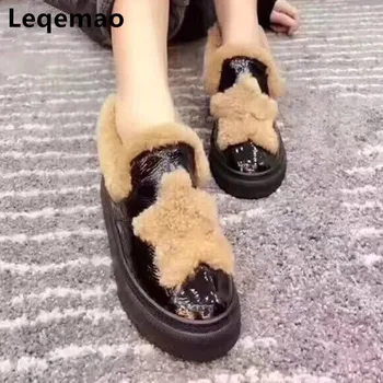 

2018 Winter New Fashion Women Warm Wool Fur Round Toe Snow Ankle Boots Woman Flats High Quality Genuine Leather Ladies Shoes