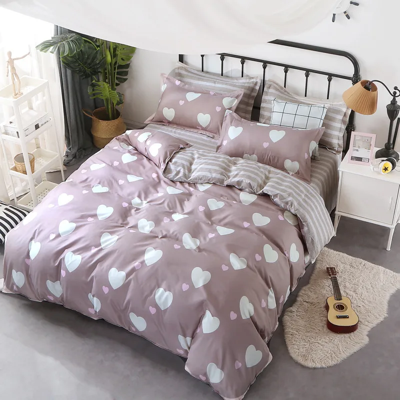 4Pcs Fashion Grey Lovely Pink White Hearts Twin/Full/Queen/King Size