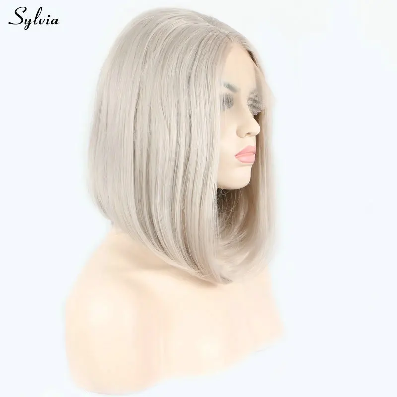 Sylvia 1" Платиновый короткий боб синтетический передний парик бежевый цвет прямые женские Замена мягкие волосы длина плеча без клея
