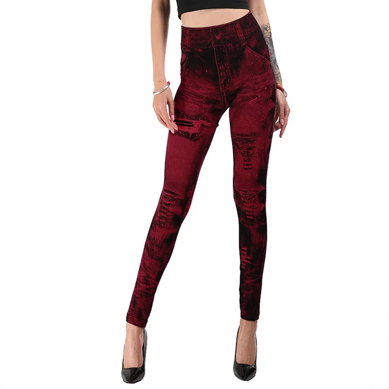 Sfit, женские тянущиеся кашемировые джинсы с имитацией тела, тянущиеся тонкие леггинсы, бедра, колготки, узкие брюки, джинсовые штаны с высокой талией для фитнеса - Цвет: Wine Red