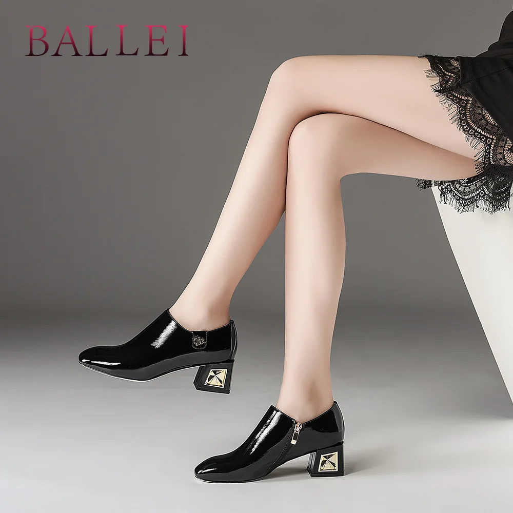 

BALLEI Classic Woman Fashion Pumps Handmade Patent Leather Retro Square Toe Thick Heel Shoes Solid Slip-on Elegant Lady Pump D74