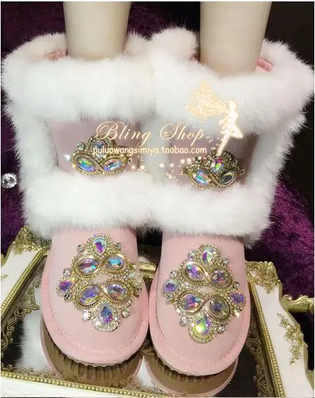 

Sweet rhinestones and diamonds, real rabbit fur, pink leather, flat bottom, high tube women's shoes, women's snow boots