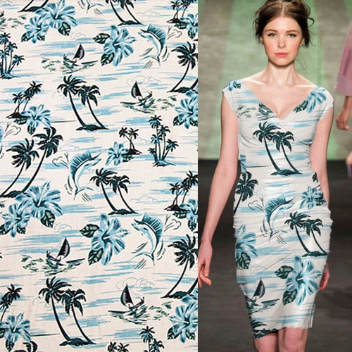 

Blue seaside design coconut tree and fish print spun rayon silk fabric 28momme 44" width by yard,SRS013