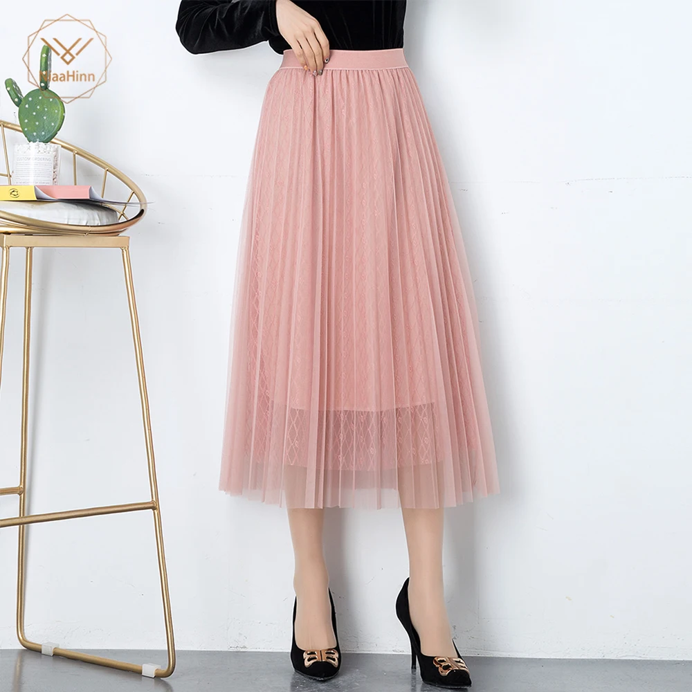2019 новая длинная Плиссированная юбка для девочек, кружевная шелковая газовая юбка, Женская Весенняя и летняя длинная юбка с завышенной
