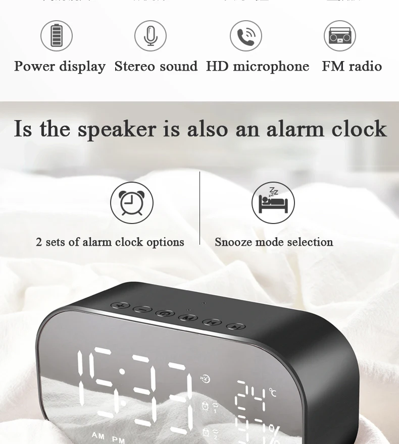 Светодиодный Зеркальный Цифровой Будильник беспроводной Bluetooth динамик с fm-радио сабвуфером музыкальный плеер Повтор Настольные часы HD дисплей