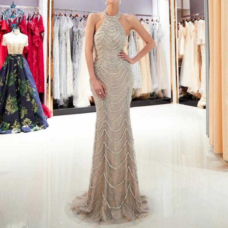 

Ameision Halter Evening Dress 2019 Champagne Formal Dress Floor Length Sleeveless Open Back Elegant Robe De Soiree for Women