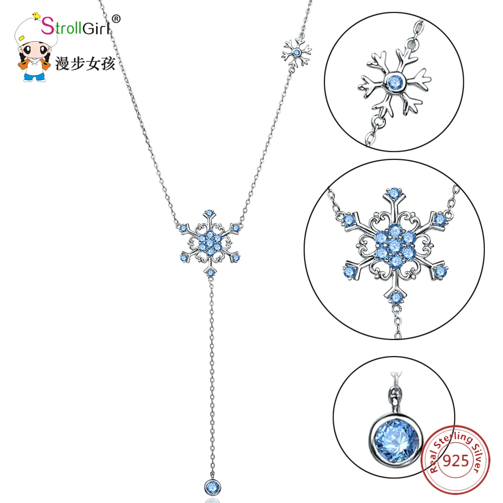 

925 Sterling Silver Snowflake Long Pendants & Necklaces For Women Silver Chain Blue Zirconia Pendant Necklace Fashion Jewelry