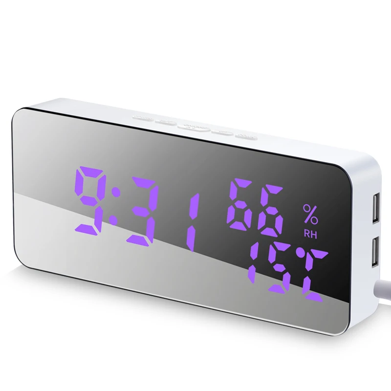 Многофункциональный светодиодный зеркальный Будильник Часы Цифровые Цвет изменить часы Повтор влажности Дисплей время ночной Светильник настольные часы настенные часы - Цвет: White
