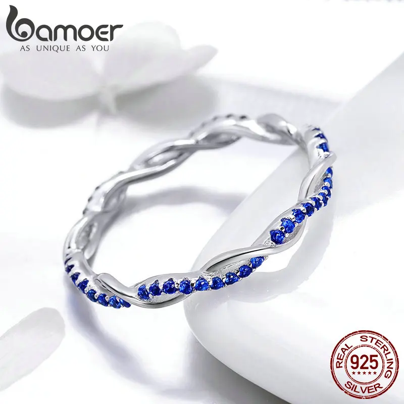 BAMOER, Новое поступление, 925 пробы, серебряное кольцо, витая линия, круглый синий CZ, кольца на палец для женщин, свадебные, обручальные ювелирные изделия SCR402