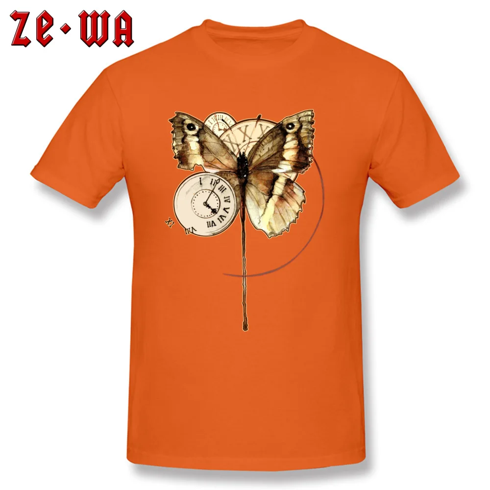 Party Butterfly clocks Men`s Tshirts Graphic Lovers Day Short Sleeve Round Collar 100% Cotton Tops & Tees Casual T-shirts Butterfly clocks orange