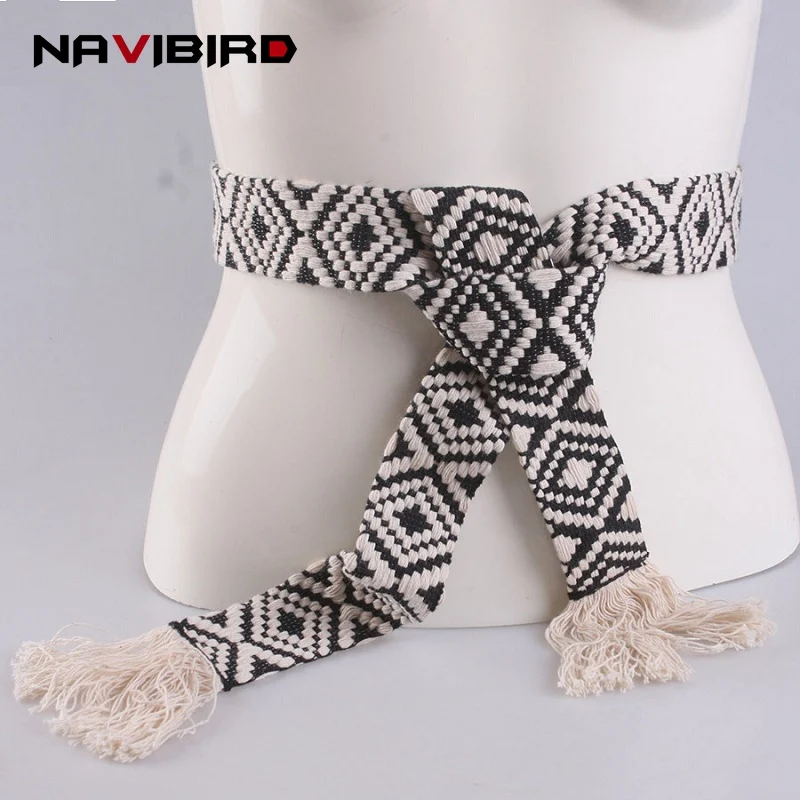 Geometric Canvas Belts Women Nylon Knitted Belt Without Buckle Tassel
