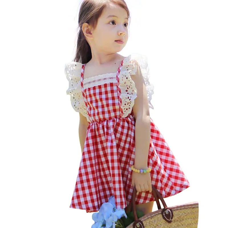 

2018 Summer Little Girls Dresses Fly Sleeve Baby Clothes Princess Plaid Elastic Lace Child Kid's Dress Kids Clothes Blue/Red