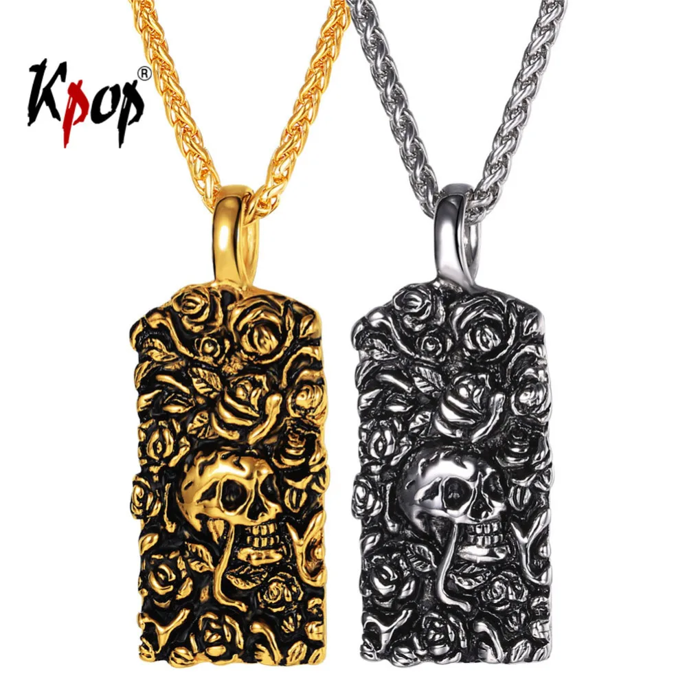 Kpop Rose & Skul Pendant Necklace Fashion Jewelry Stainless Steel Gold