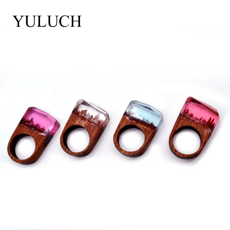

YULUCH Unique Creative undersea world Colorful Pointed Wooden Resin Rings Magic forest Rings for Women Party Wedding Gift