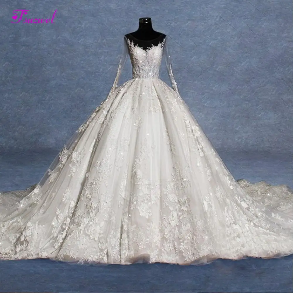 

Fmogl Vestido de Noiva Long Sleeve Appliques Chapel Train Ball Gown Wedding Dress 2019 Sexy Backless Beaded Princess Bridal Gown