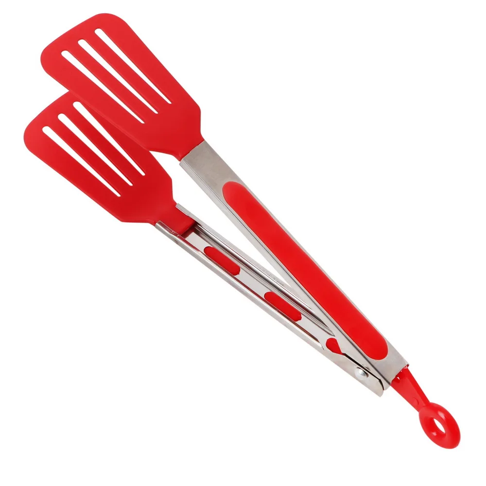 HOOMIN нержавеющая сталь ручка посуда антипригарные кухонные щипцы силиконовые пицца хлеб стейк клип щипцы для сервировки салата и барбекю - Цвет: Красный