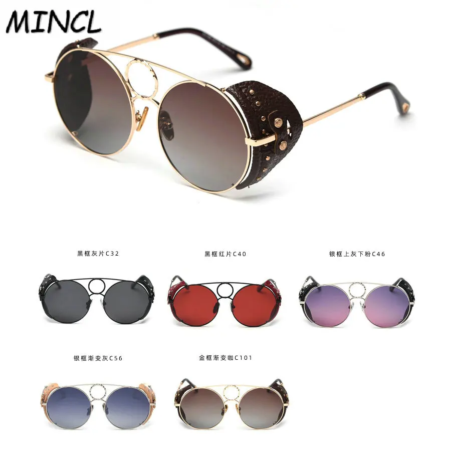 

Vintage Oversized punk Polarized Round Sunglasses Designer Brand 2019 Luxury Shades Women Black Leather Side Shield Glasses FML