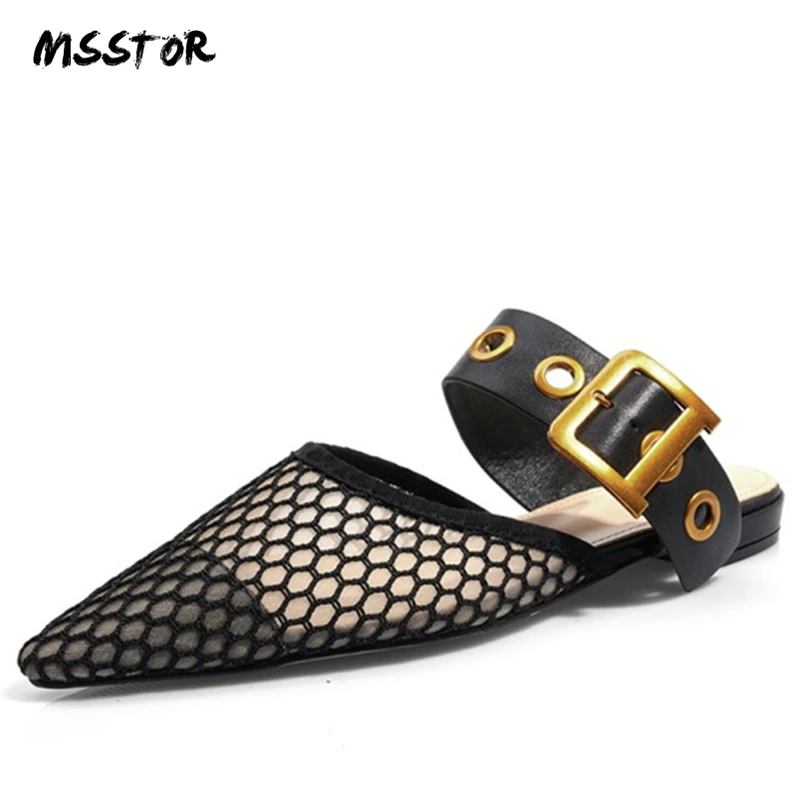 

MSSTOR Rivet Mesh Flats Mules Sexy Buckle Fashion Outdoor Rubber Ladies Slippers Pointed Toe Summer Slippers Women 2019 Casual