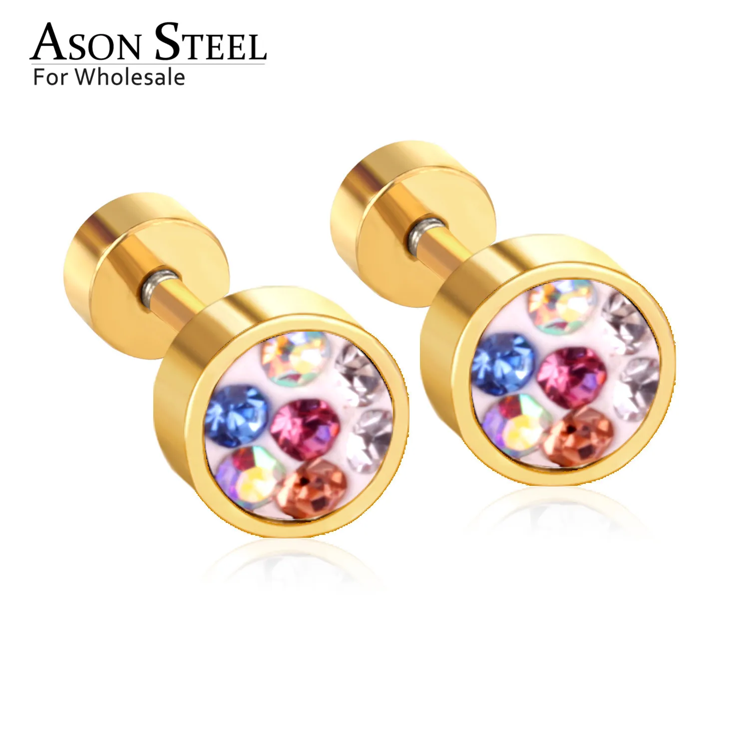 

ASONSTEEL Colorful Crystal Screw Stud Earrings Ladies Jewelry Stainless Steel Gold/Silver 6mm Round Shape Earring Wholesale