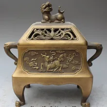 1" Китайский Чистая Бронзовый Дракон Kylin Статуя Льва курильница Курильница Чаша Горшок