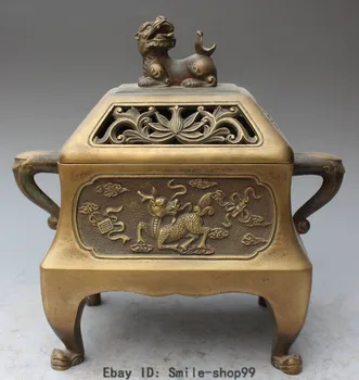 

12" Chinese Pure Bronze Dragon Kylin Lion Statue incense burner Censer Bowl Pot