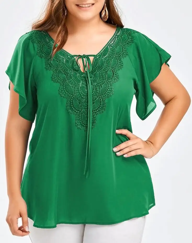 Летние шифоновые топы, женские блузки, винтажные кружевные вязанные крючком повседневные с оборками, большие элегантные свободные рубашки 5XL больших размеров - Цвет: Зеленый