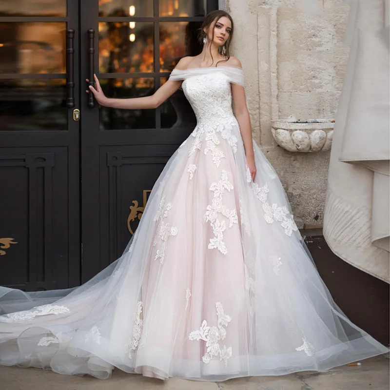 

Verngo Appliques Tulle Wedding Dress Off the Shoulder Lace up Bride Dress Luxury Wedding Gowns Abiti Da Sposa
