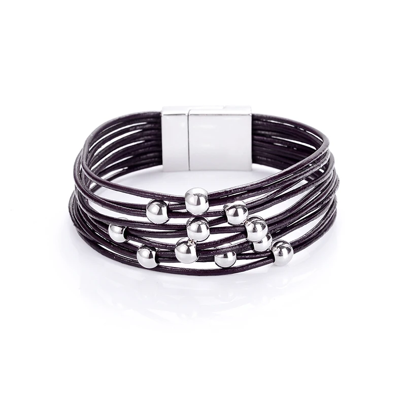 

New trendy ccb beads multi-layer multicolor geniune leather cord magnetic clasp bracelets bangles for women and men