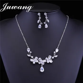 

JUWANG 2018 Bridal Wedding Jewelry Sets for Women AAA Cubic Zirconia Leaf Flower Butterfly Shape Necklace Earrings Sets Gift