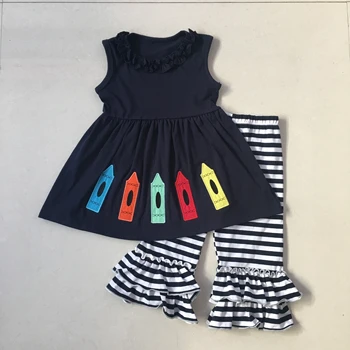 

Puresun 2020 Back To School Girls Outfits Summer Boutique Clothing Crayon Embroidered Set Ruflle Pants Girls Clothing Set