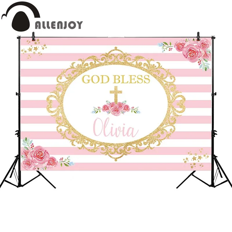 

Allenjoy photography background pink communion birthday stripe gold frame flower backdrop photocall photo studio decoration