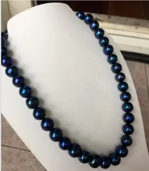 

stunning round Tahitian 10-11 mm dark blue pearl necklace 18inch 36" Yellow clasp